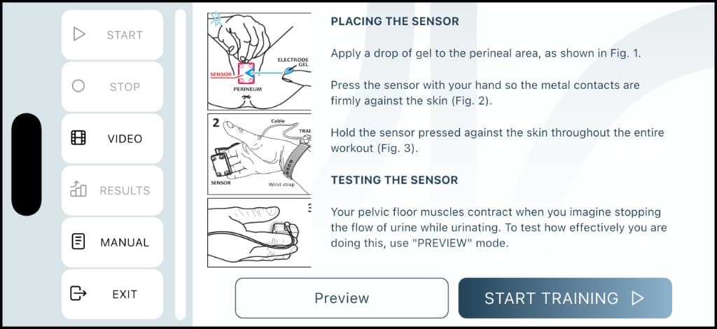 SX-TRAINER Preview — placing the sensor and Start Training